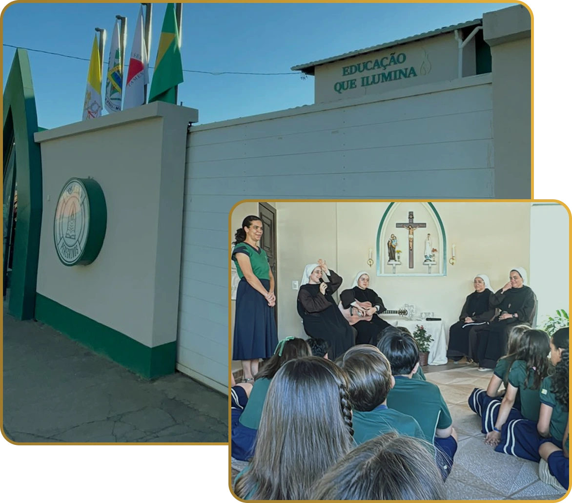 Fachada do Colégio Peregrinos e encontro dos alunos com religiosas